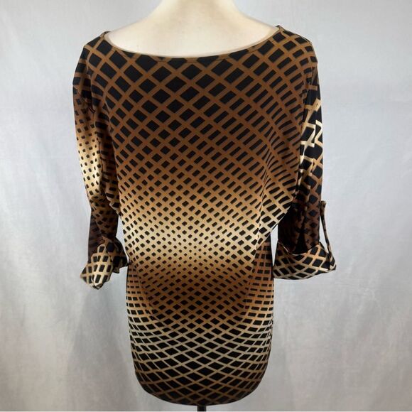 New directions brown cream and black geometric print tunic top size large - Picture 4 of 6